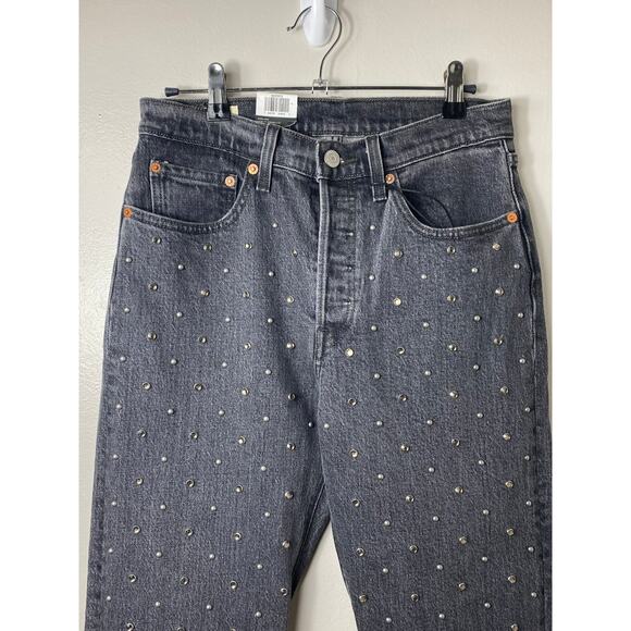 NWT LEVI'S JEANS PREMIUM CRYSTAL STUDDED EMBELLISHED BLACK CROPPED ANKLE FRAYED - Picture 10 of 16